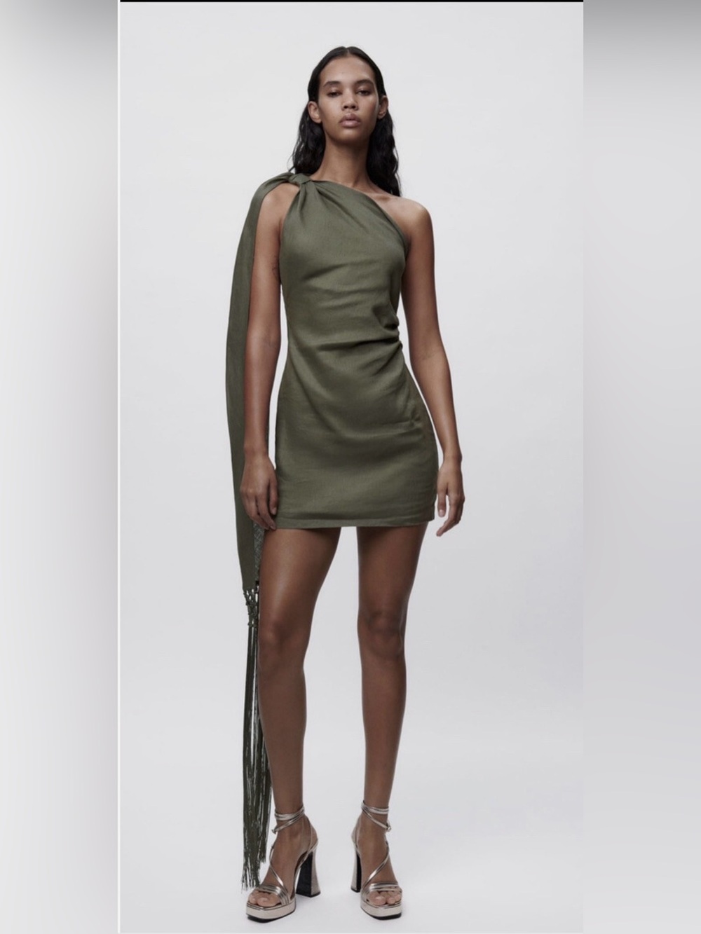 Zara Asymmetric Linen Dress Khaki Green